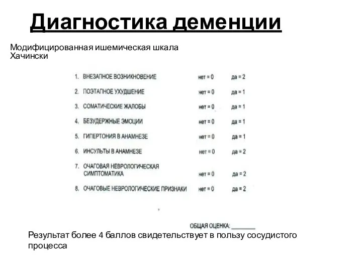 Диагностика деменции Модифицированная ишемическая шкала Хачински Результат более 4 баллов свидетельствует в пользу сосудистого процесса