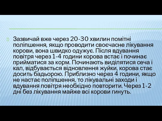 Зазвичай вже через 20-30 хвилин помітні поліпшення, якщо проводити своєчасне лікування корови, вона