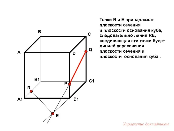 Точки R и E принадлежат плоскости сечения и плоскости основания куба, следовательно линия