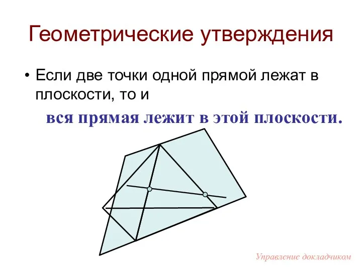 Геометрические утверждения Если две точки одной прямой лежат в плоскости, то и вся