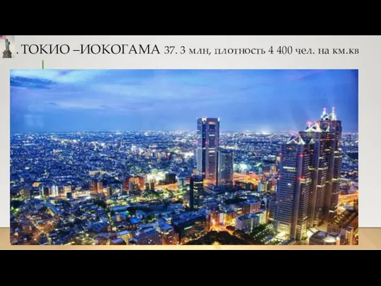1. ТОКИО –ИОКОГАМА 37. 3 млн, плотность 4 400 чел. на км.кв