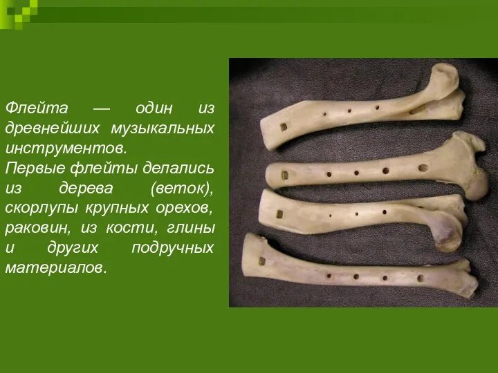 Флейта — один из древнейших музыкальных инструментов. Первые флейты делались из дерева (веток),