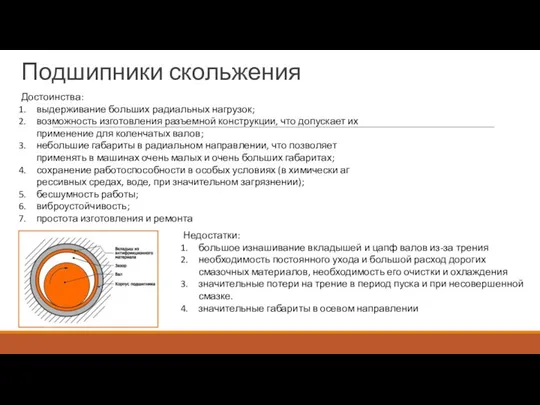 Подшипники скольжения Достоинства: выдерживание больших радиальных нагрузок; возможность изготовления разъемной