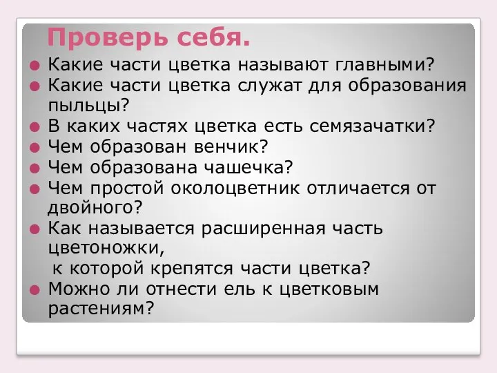 Проверь себя. Какие части цветка называют главными? Какие части цветка