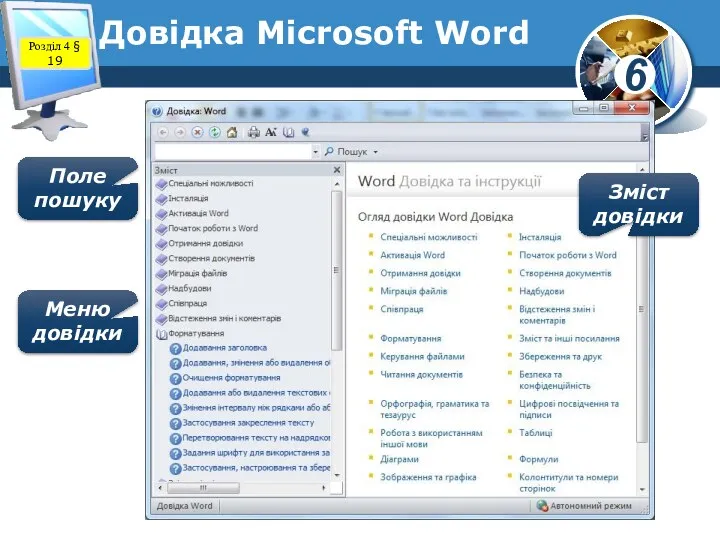 Довідка Microsoft Word Розділ 4 § 19 Поле пошуку Меню довідки Зміст довідки