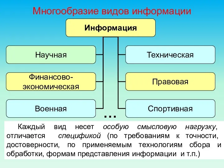 Многообразие видов информации Каждый вид несет особую смысловую нагрузку, отличается