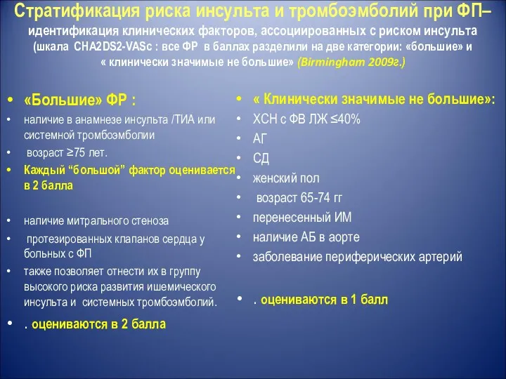 Стратификация риска инсульта и тромбоэмболий при ФП– идентификация клинических факторов,