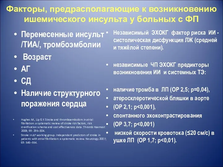 Факторы, предрасполагающие к возникновению ишемического инсульта у больных с ФП