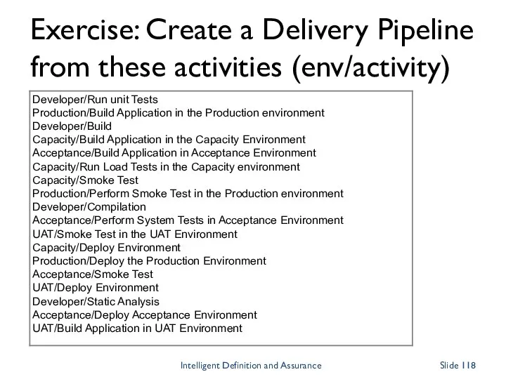 Exercise: Create a Delivery Pipeline from these activities (env/activity) Intelligent Definition and Assurance Slide