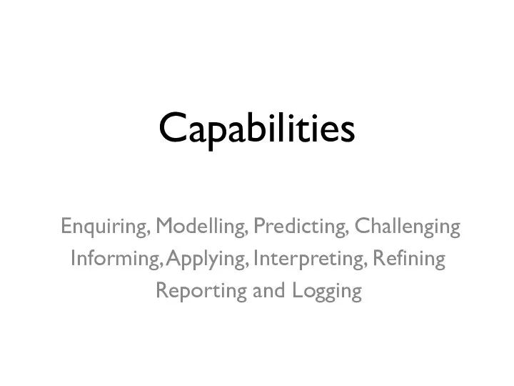 Capabilities Enquiring, Modelling, Predicting, Challenging Informing, Applying, Interpreting, Refining Reporting and Logging