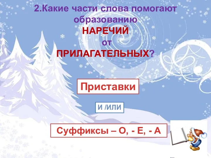 2.Какие части слова помогают образованию НАРЕЧИЙ от ПРИЛАГАТЕЛЬНЫХ? Приставки Суффиксы