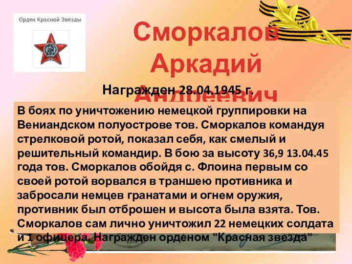 Сморкалов Аркадий Андреевич Награжден 28.04.1945 г. В боях по уничтожению