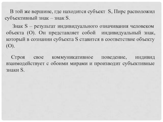 В той же вершине, где находится субъект S, Пирс расположил субъективный знак –