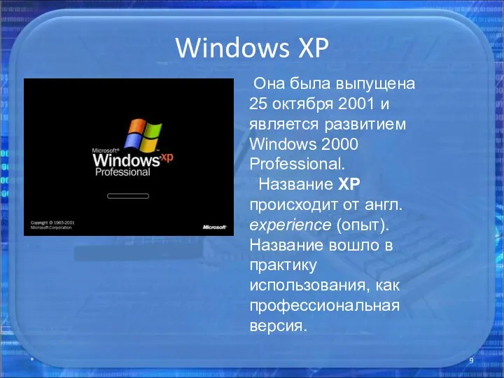 Windows XP * Она была выпущена 25 октября 2001 и