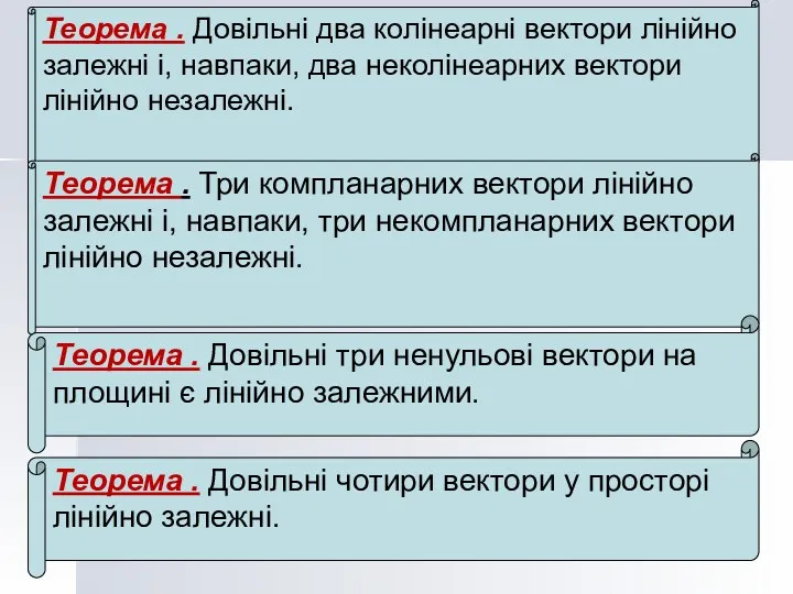 Теорема . Довільні два колінеарні вектори лінійно залежні і, навпаки,