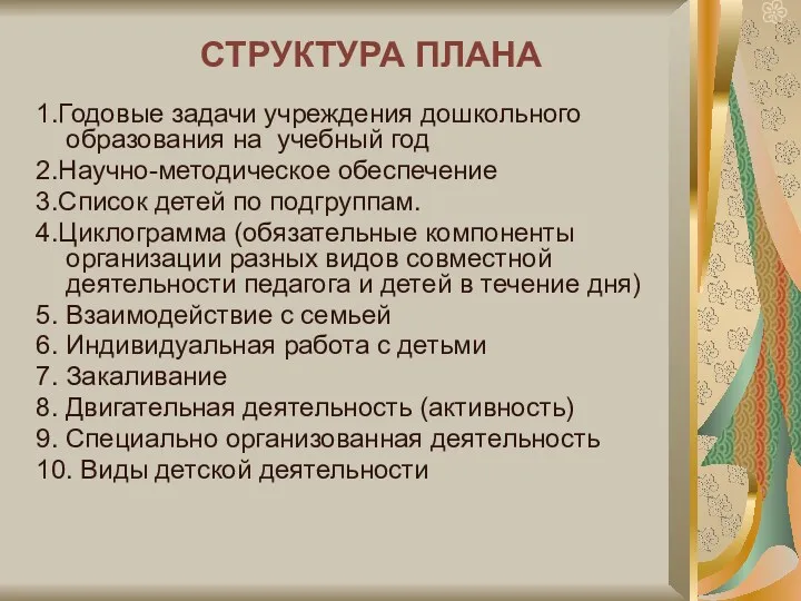 СТРУКТУРА ПЛАНА 1.Годовые задачи учреждения дошкольного образования на учебный год