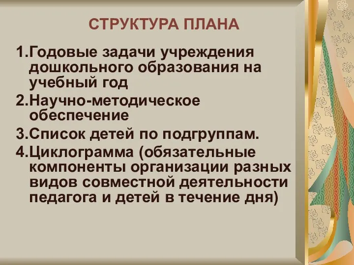 СТРУКТУРА ПЛАНА 1.Годовые задачи учреждения дошкольного образования на учебный год