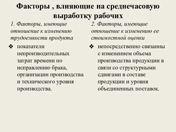 Факторы , влияющие на среднечасовую выработку рабочих 1. Факторы, имеющие