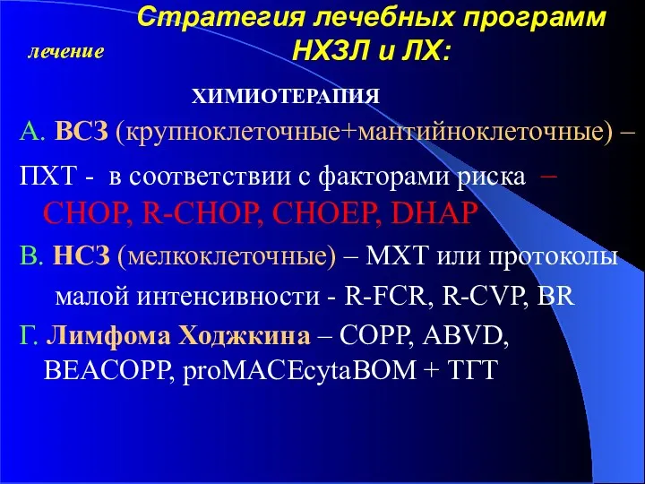 Стратегия лечебных программ НХЗЛ и ЛХ: А. ВСЗ (крупноклеточные+мантийноклеточные) – ПХТ - в