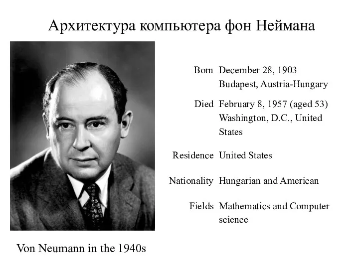 Архитектура компьютера фон Неймана Von Neumann in the 1940s