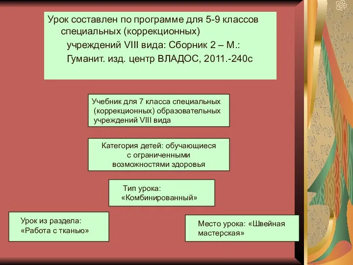 Урок составлен по программе для 5-9 классов специальных (коррекционных) учреждений