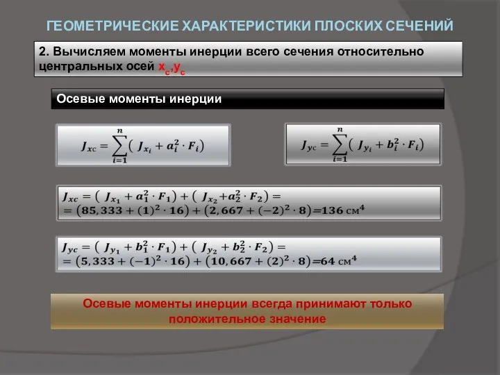 ГЕОМЕТРИЧЕСКИЕ ХАРАКТЕРИСТИКИ ПЛОСКИХ СЕЧЕНИЙ 2. Вычисляем моменты инерции всего сечения