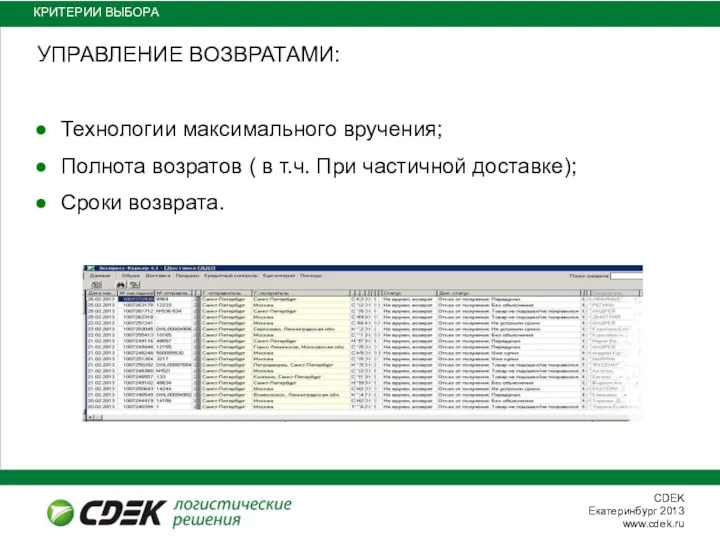 КРИТЕРИИ ВЫБОРА УПРАВЛЕНИЕ ВОЗВРАТАМИ: Технологии максимального вручения; Полнота возратов ( в т.ч. При