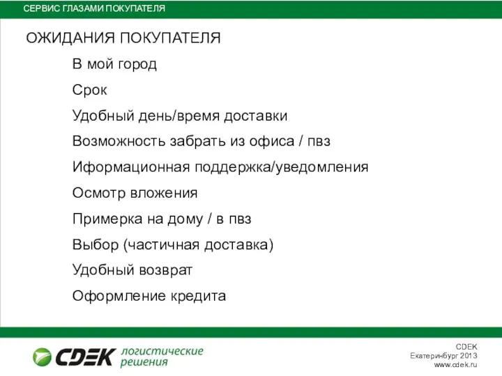 СЕРВИС ГЛАЗАМИ ПОКУПАТЕЛЯ ОЖИДАНИЯ ПОКУПАТЕЛЯ В мой город Срок Удобный день/время доставки Возможность