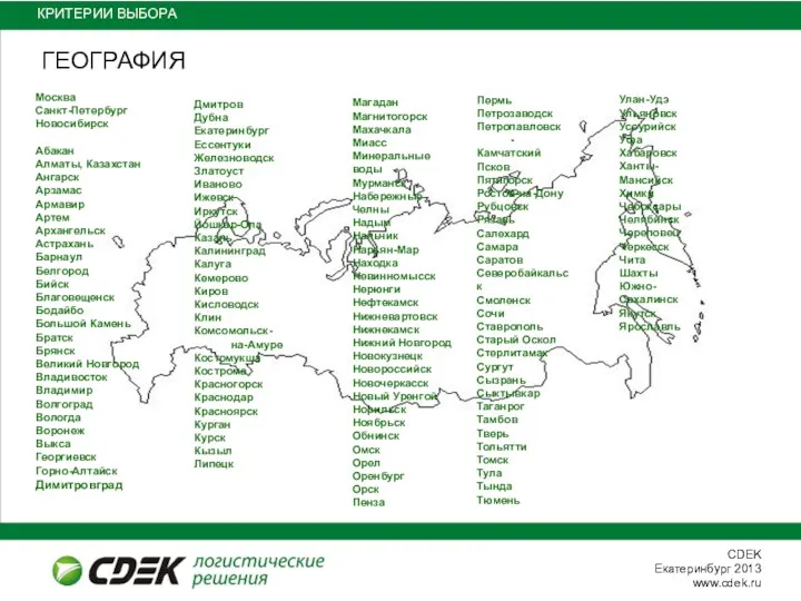 КРИТЕРИИ ВЫБОРА ГЕОГРАФИЯ Москва Санкт-Петербург Новосибирск Абакан Алматы, Казахстан Ангарск