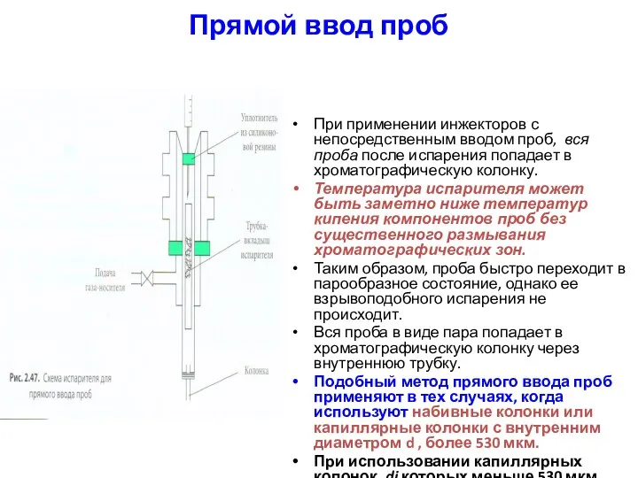 Прямой ввод проб При применении инжекторов с непосредственным вводом проб,