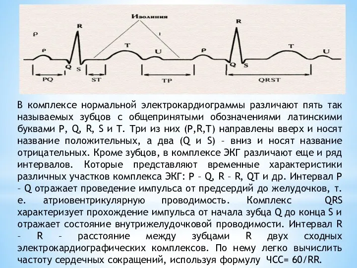 В комплексе нормальной электрокардиограммы различают пять так называемых зубцов с общепринятыми обозначениями латинскими