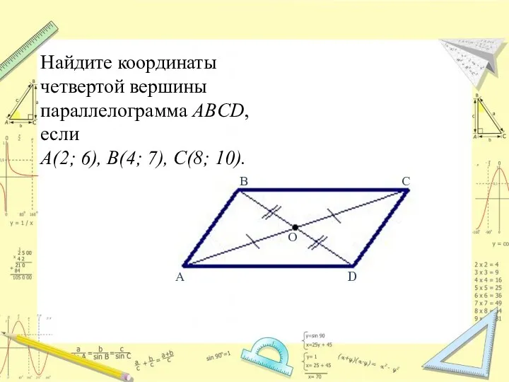 Найдите координаты четвертой вершины параллелограмма ABCD, если А(2; 6), В(4;