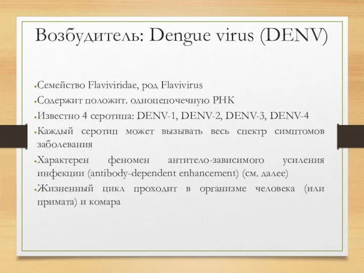 Возбудитель: Dengue virus (DENV) Семейство Flaviviridae, род Flavivirus Содержит положит. одноцепочечную РНК Известно