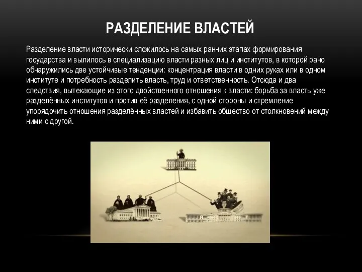 РАЗДЕЛЕНИЕ ВЛАСТЕЙ Разделение власти исторически сложилось на самых ранних этапах