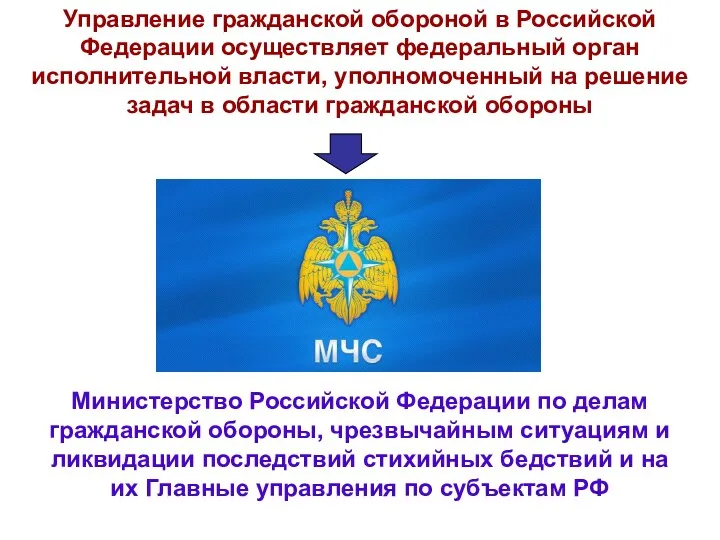 Управление гражданской обороной в Российской Федерации осуществляет федеральный орган исполнительной власти, уполномоченный на