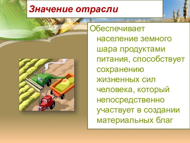 Значение отрасли Обеспечивает население земного шара продуктами питания, способствует сохранению