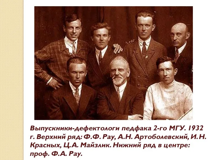 Выпускники-дефектологи педфака 2-го МГУ. 1932 г. Верхний ряд: Ф.Ф. Рау,