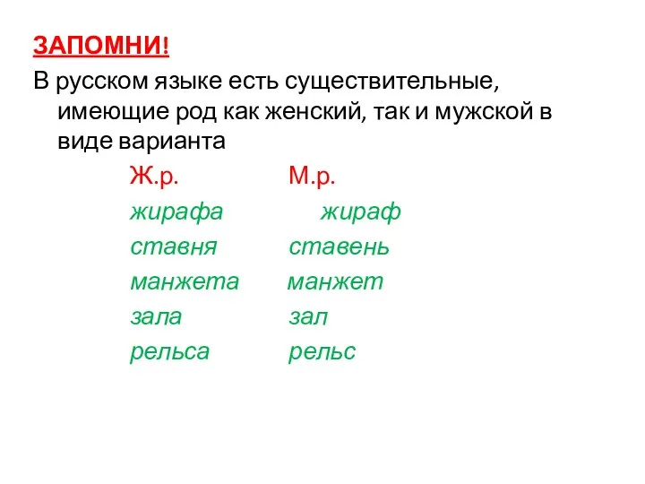 ЗАПОМНИ! В русском языке есть существительные, имеющие род как женский, так и мужской