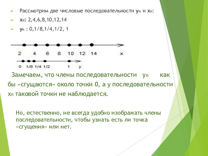Замечаем, что члены последовательности уп как бы «сгущаются» около точки