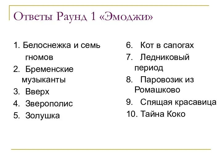 Ответы Раунд 1 «Эмоджи» 1. Белоснежка и семь гномов 2.