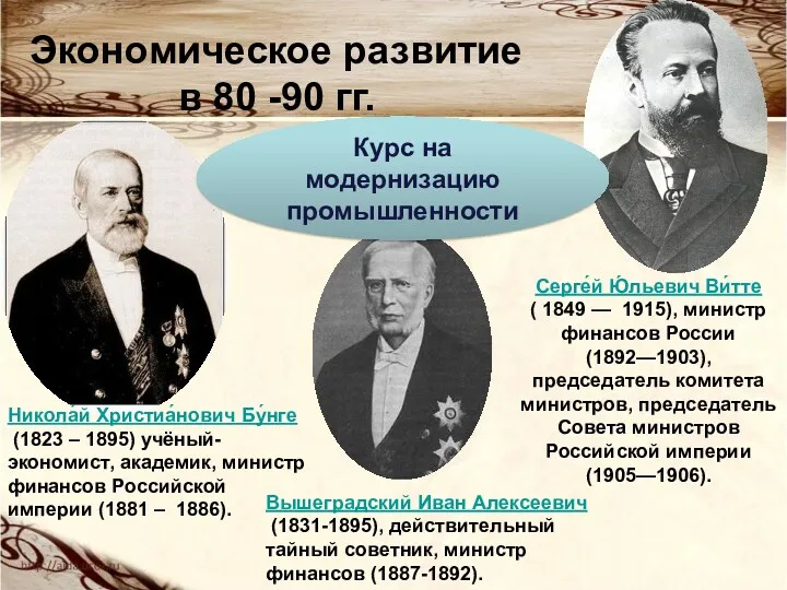 Экономическое развитие в 80 -90 гг. Никола́й Христиа́нович Бу́нге (1823