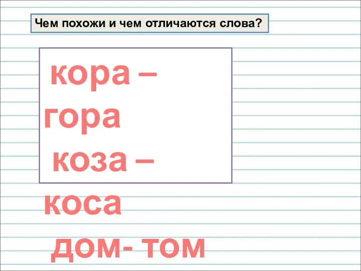 Чем похожи и чем отличаются слова? кора – гора коза – коса дом- том