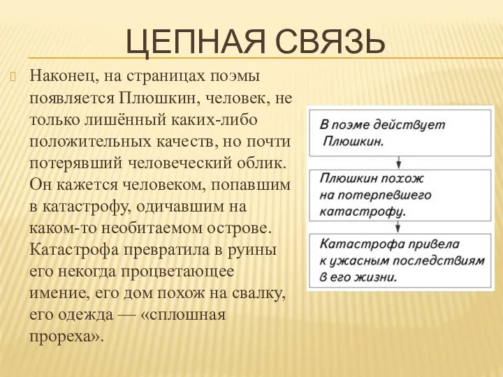 ЦЕПНАЯ СВЯЗЬ Наконец, на страницах поэмы появляется Плюшкин, человек, не