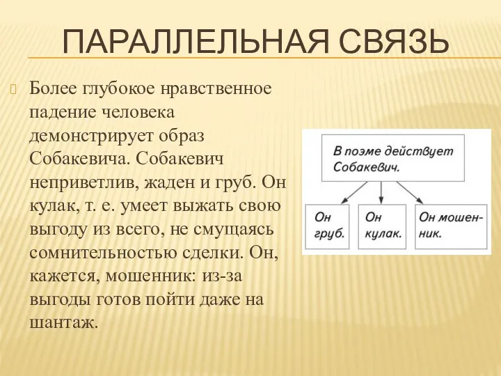 ПАРАЛЛЕЛЬНАЯ СВЯЗЬ Более глубокое нравственное падение человека демонстрирует образ Собакевича.