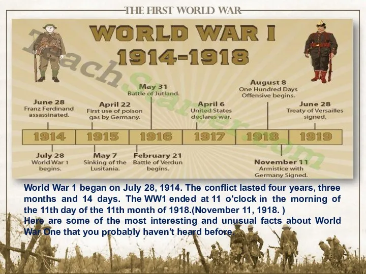 World War 1 began on July 28, 1914. The conflict lasted four years,