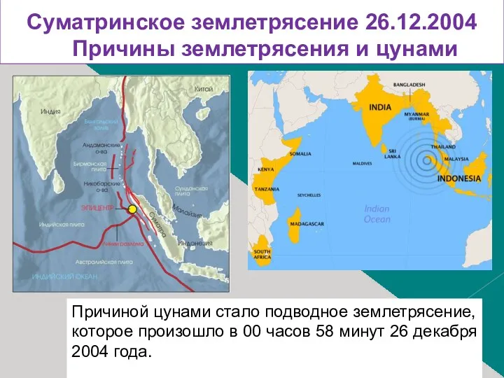 Суматринское землетрясение 26.12.2004 Причины землетрясения и цунами Причиной цунами стало