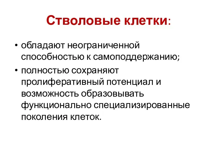 Стволовые клетки: обладают неограниченной способностью к самоподдержанию; полностью сохраняют пролиферативный