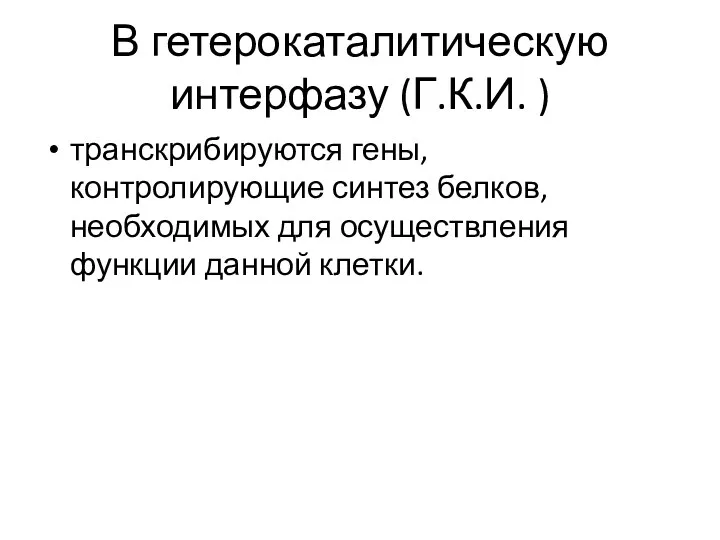 В гетерокаталитическую интерфазу (Г.К.И. ) транскрибируются гены, контролирующие синтез белков, необходимых для осуществления функции данной клетки.