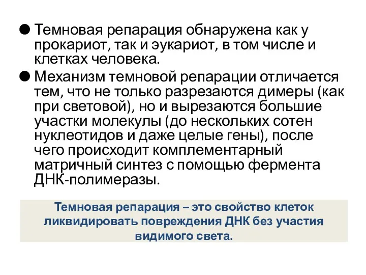 Темновая репарация – это свойство клеток ликвидировать повреждения ДНК без