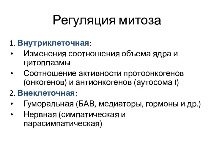 Регуляция митоза 1. Внутриклеточная: Изменения соотношения объема ядра и цитоплазмы